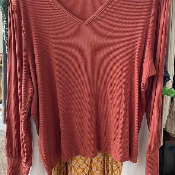 AnyBody V-Neck Ribbed Blouse - Clay XL - Picture 1 of 8